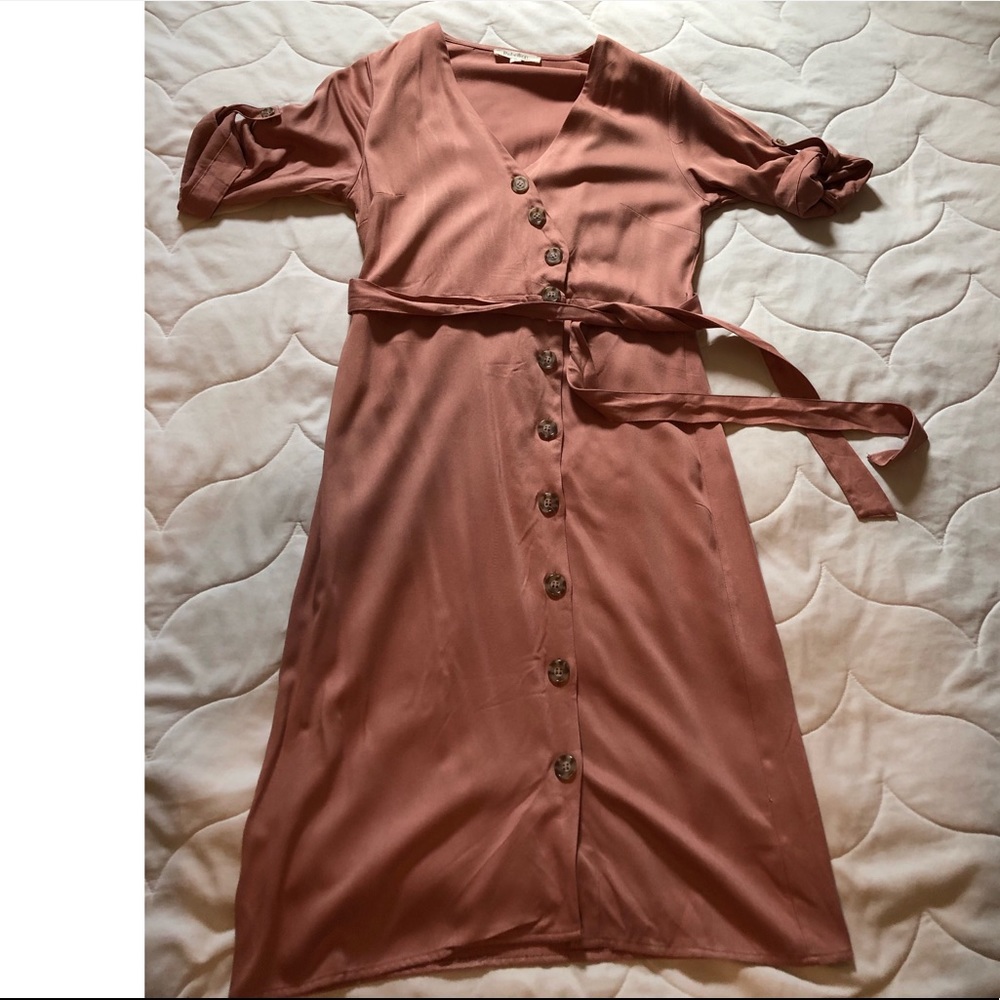 Rust pink below the knee button dress